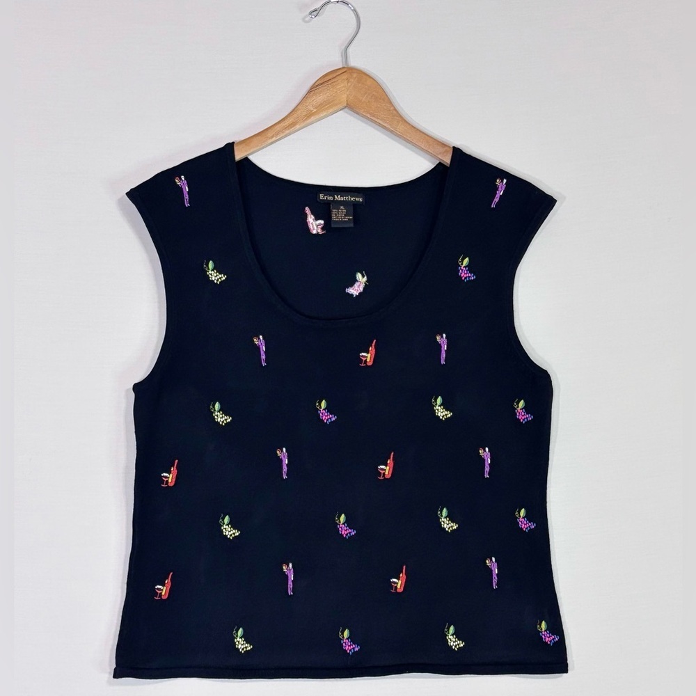Erin Mathews Embroidered Novelty Knit Tank Chic Minimalist XL